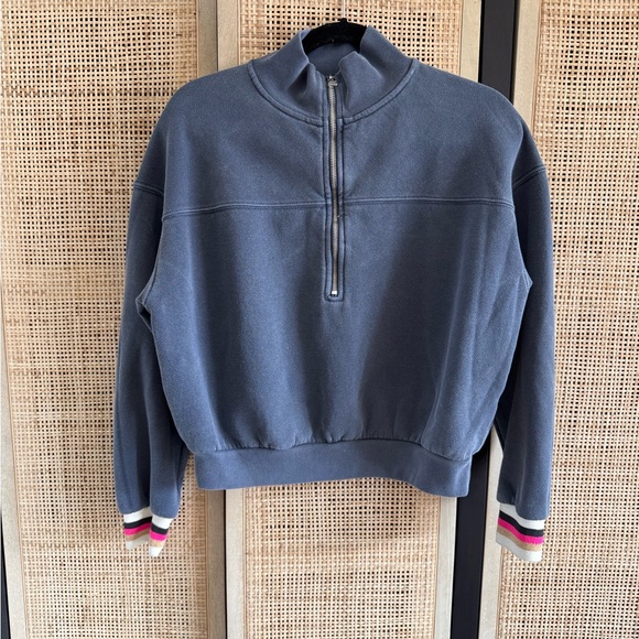 Sundry Tops - Sundry Navy Half-Zip Pullover Sweatshirt with Striped Cuffs
